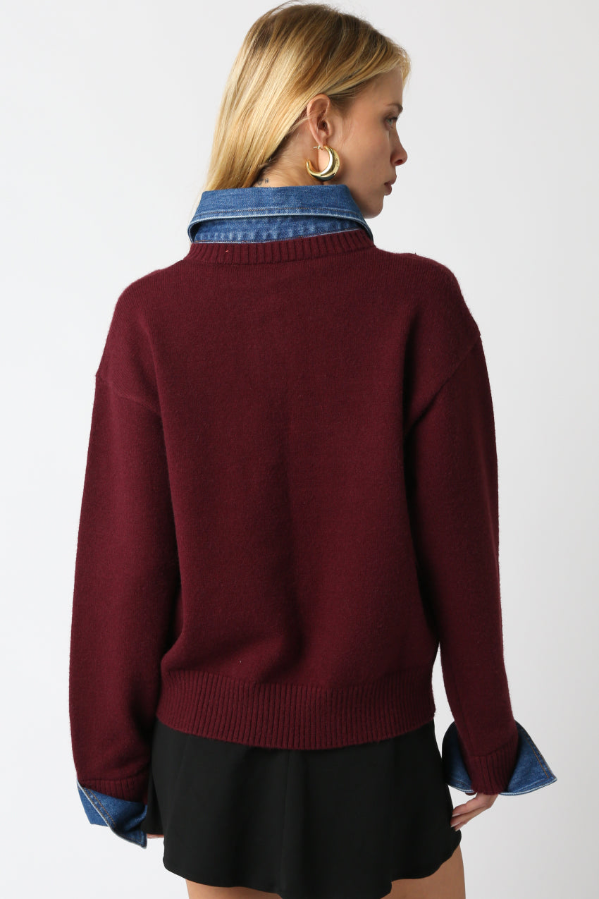 Sweater With Denim Collar And Button Detail - red, womens sweater collection
