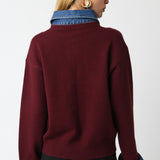 Sweater With Denim Collar And Button Detail - red, womens sweater collection