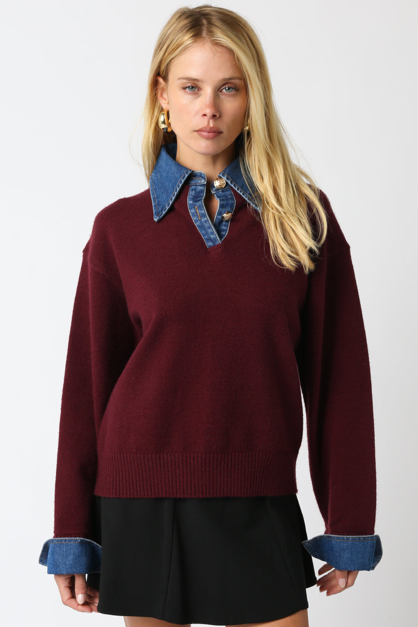Sweater With Denim Collar And Button Detail - red, womens sweater collection