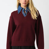 Sweater With Denim Collar And Button Detail - red, womens sweater collection