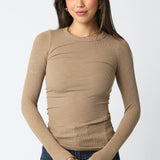 Ribbed Long Sleeve Top - khaki, womens top collection