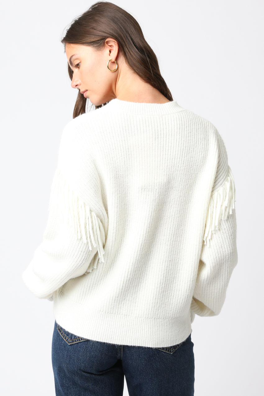 Sweater With Fringe Sleeve Detail - cream, womens sweater collection