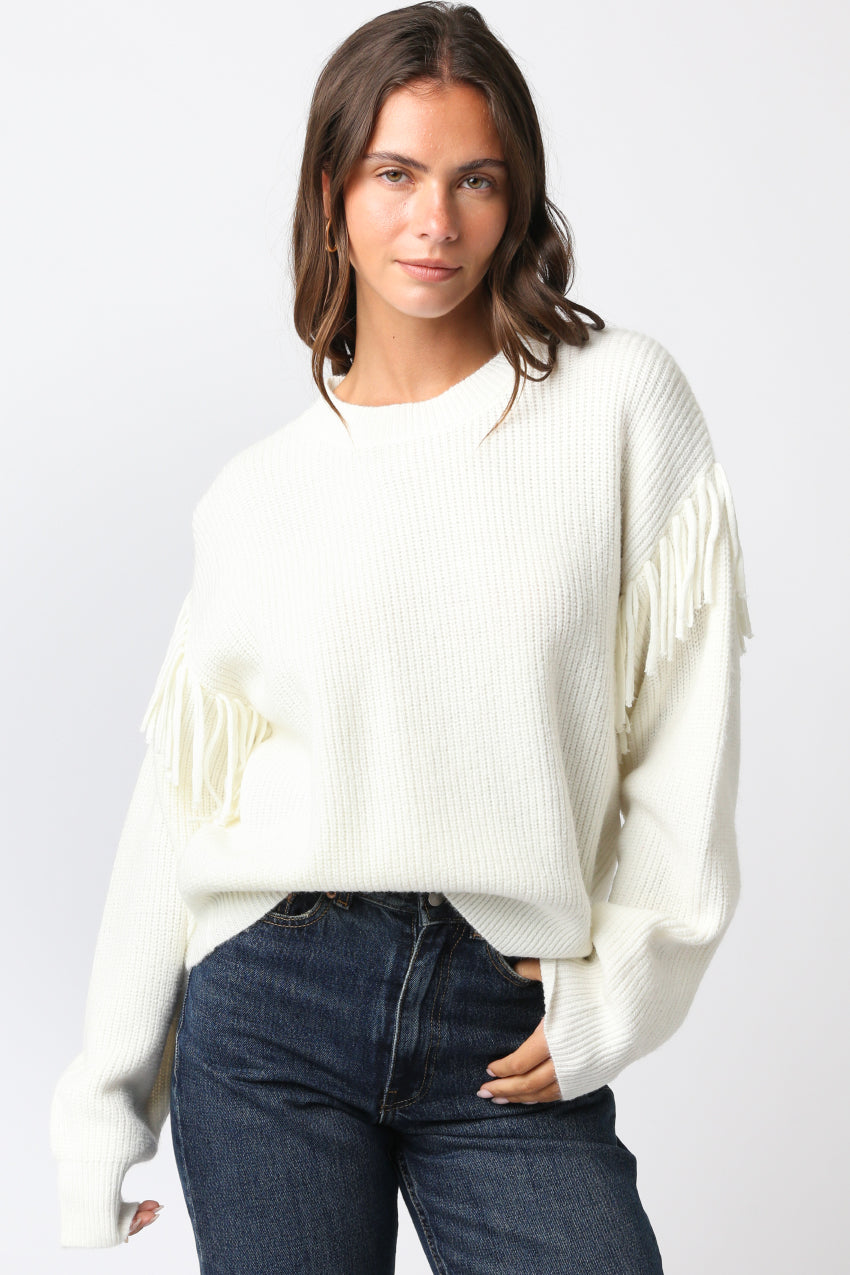 Sweater With Fringe Sleeve Detail - cream, womens sweater collection