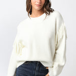 Sweater With Fringe Sleeve Detail - cream, womens sweater collection