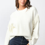 Sweater With Fringe Sleeve Detail - cream, womens sweater collection