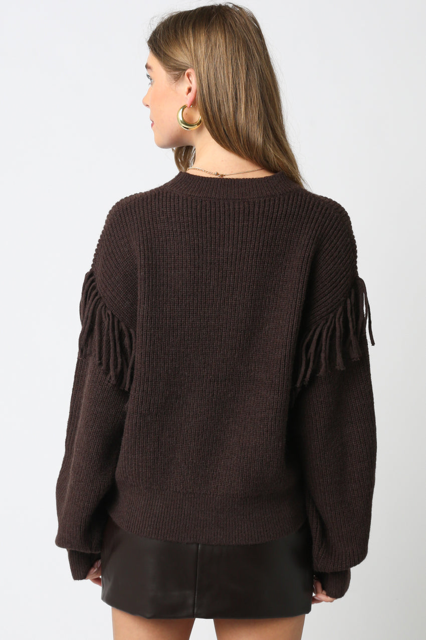 Sweater With Fringe Sleeve Detail - dark brown, womens sweater collection