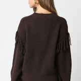 Sweater With Fringe Sleeve Detail - dark brown, womens sweater collection