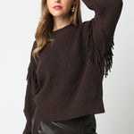 Sweater With Fringe Sleeve Detail - dark brown, womens sweater collection