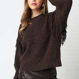 Sweater With Fringe Sleeve Detail - dark brown, womens sweater collection