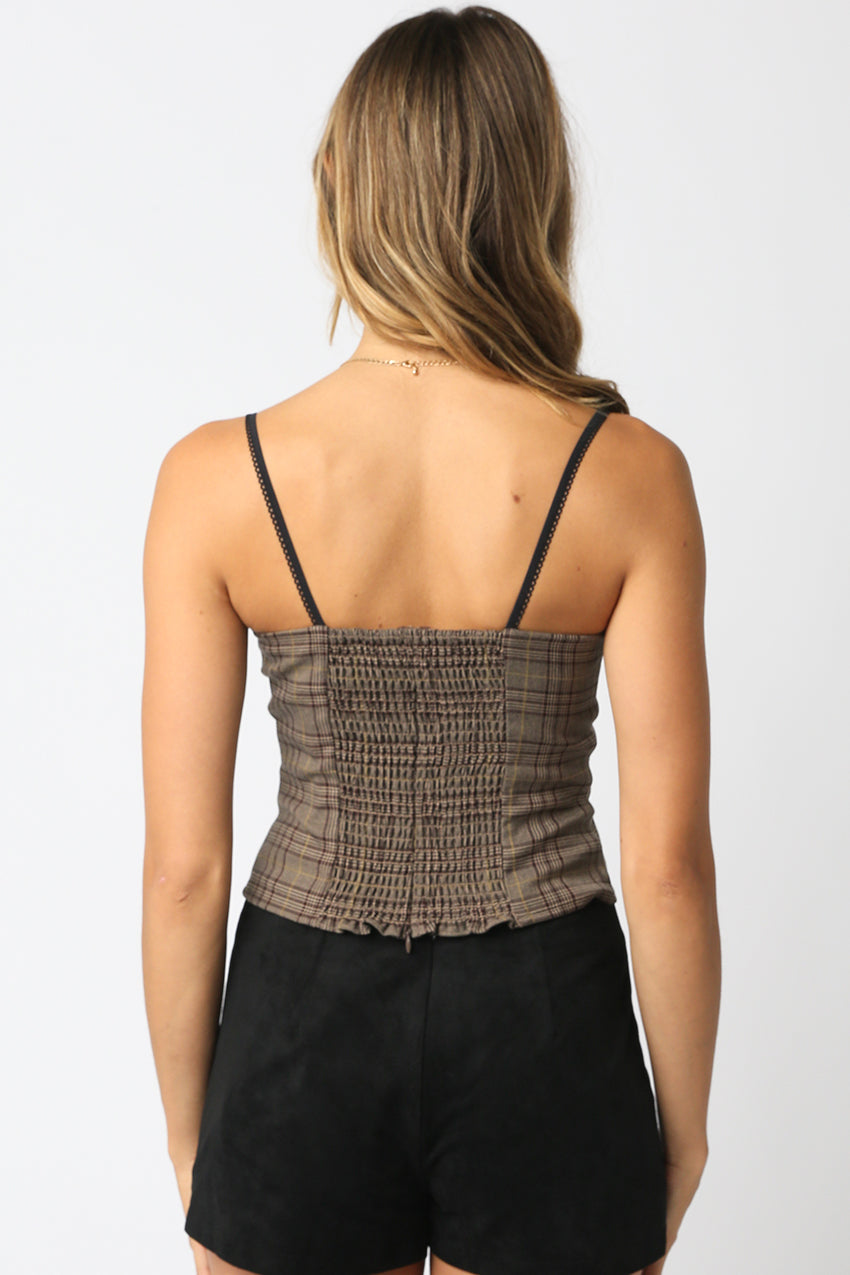 Plaid Corset Top with Trim - brown/taupe plaid, womens top collection