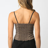 Plaid Corset Top with Trim - brown/taupe plaid, womens top collection