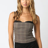 Plaid Corset Top with Trim - brown/taupe plaid, womens top collection