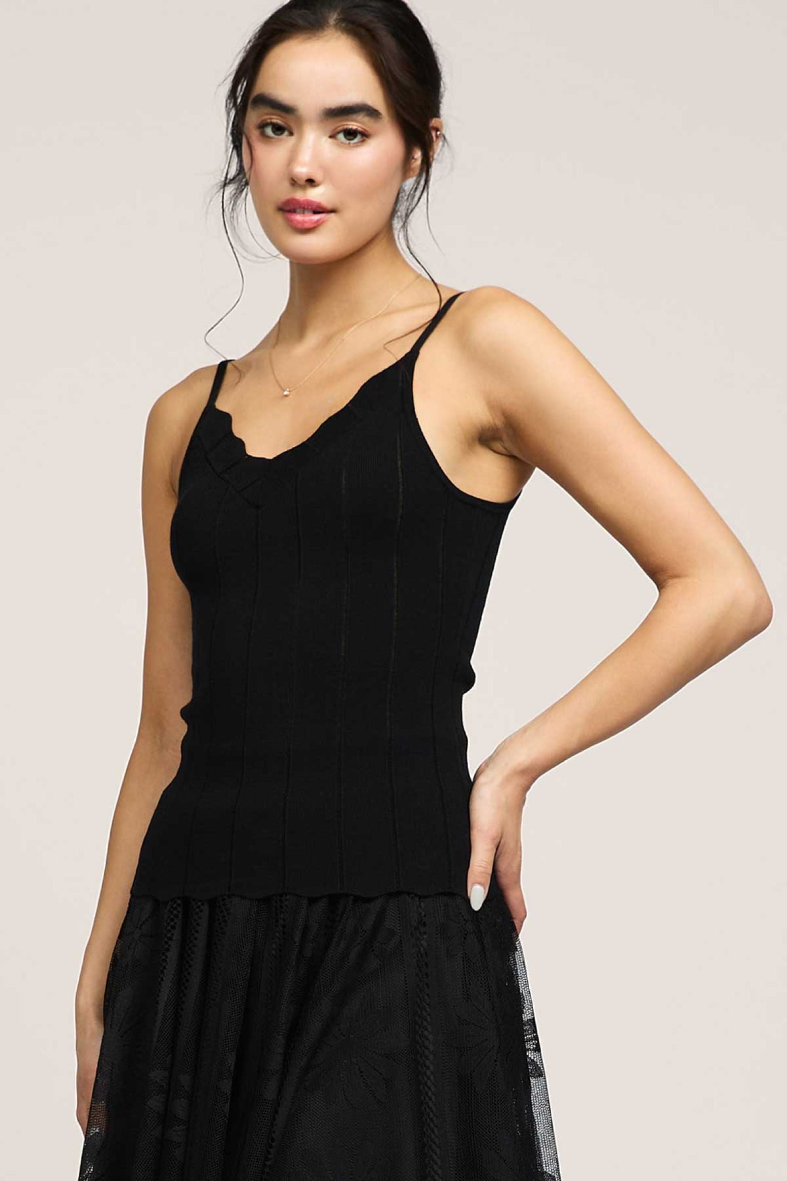 Scalloped Tank with Spaghetti Straps - Black, Women's Tops Collection