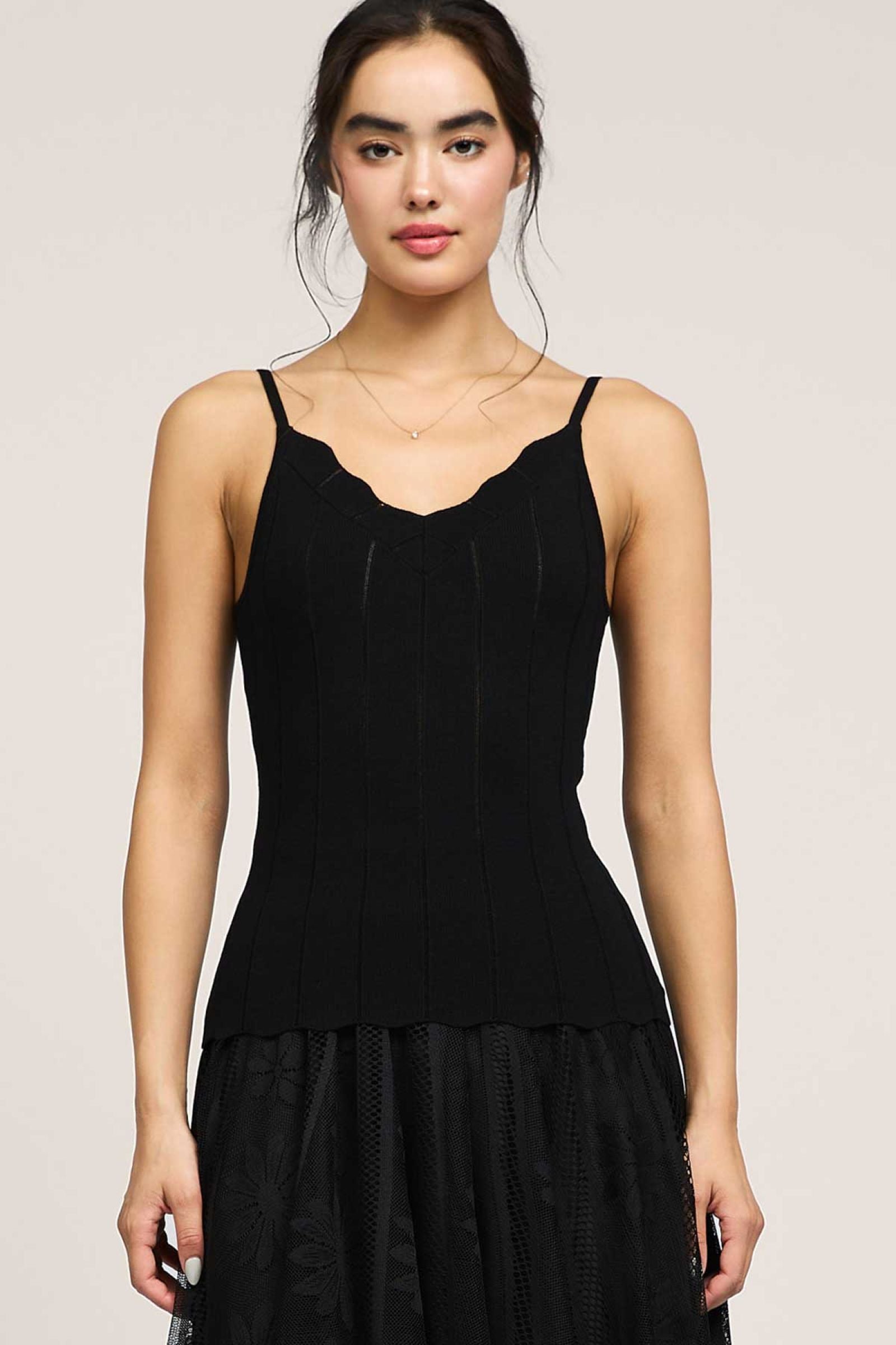 Scalloped Tank with Spaghetti Straps - Black, Women's Tops Collection
