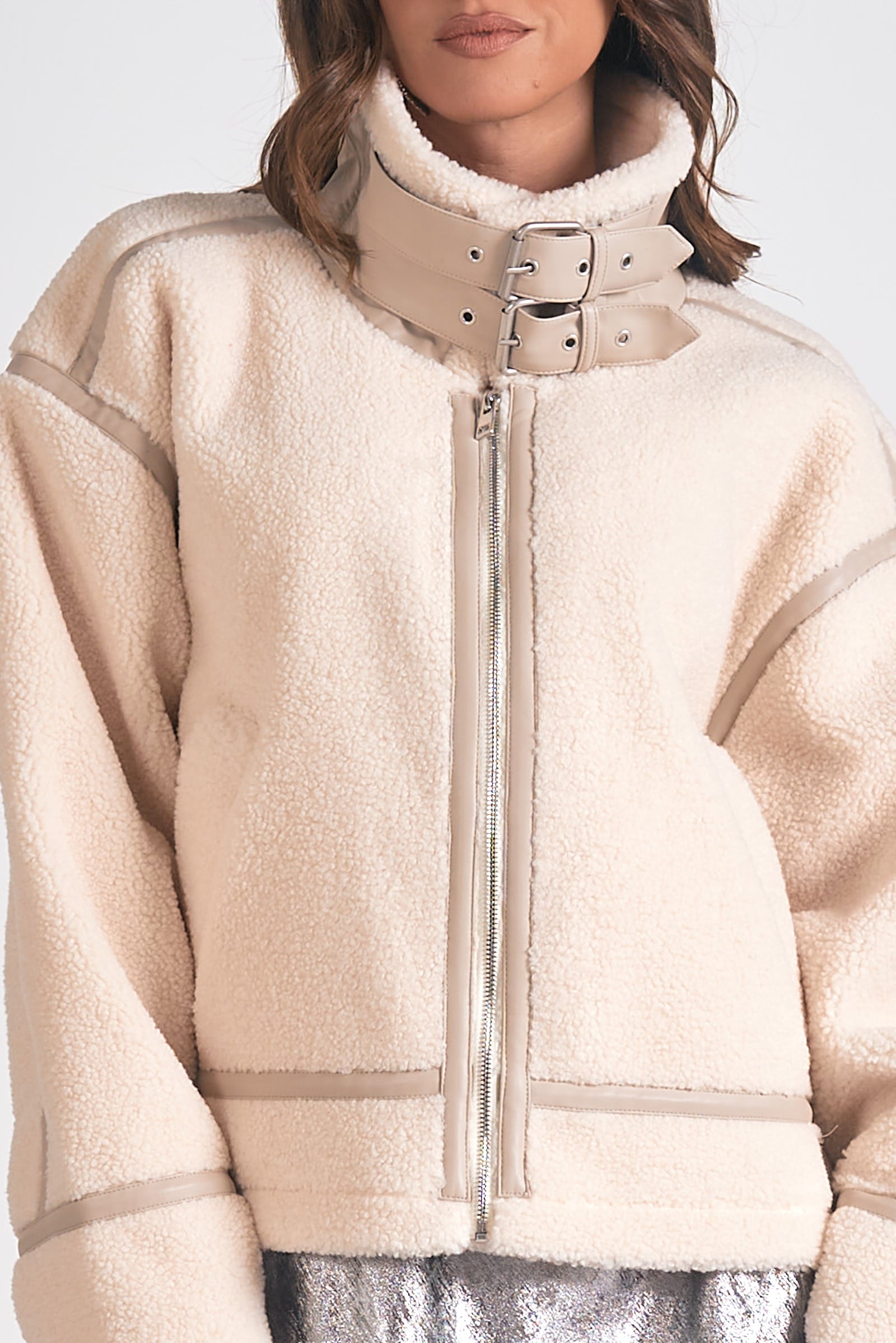 Fleece Oversized Bomber Jacket - white, womens jacket collection