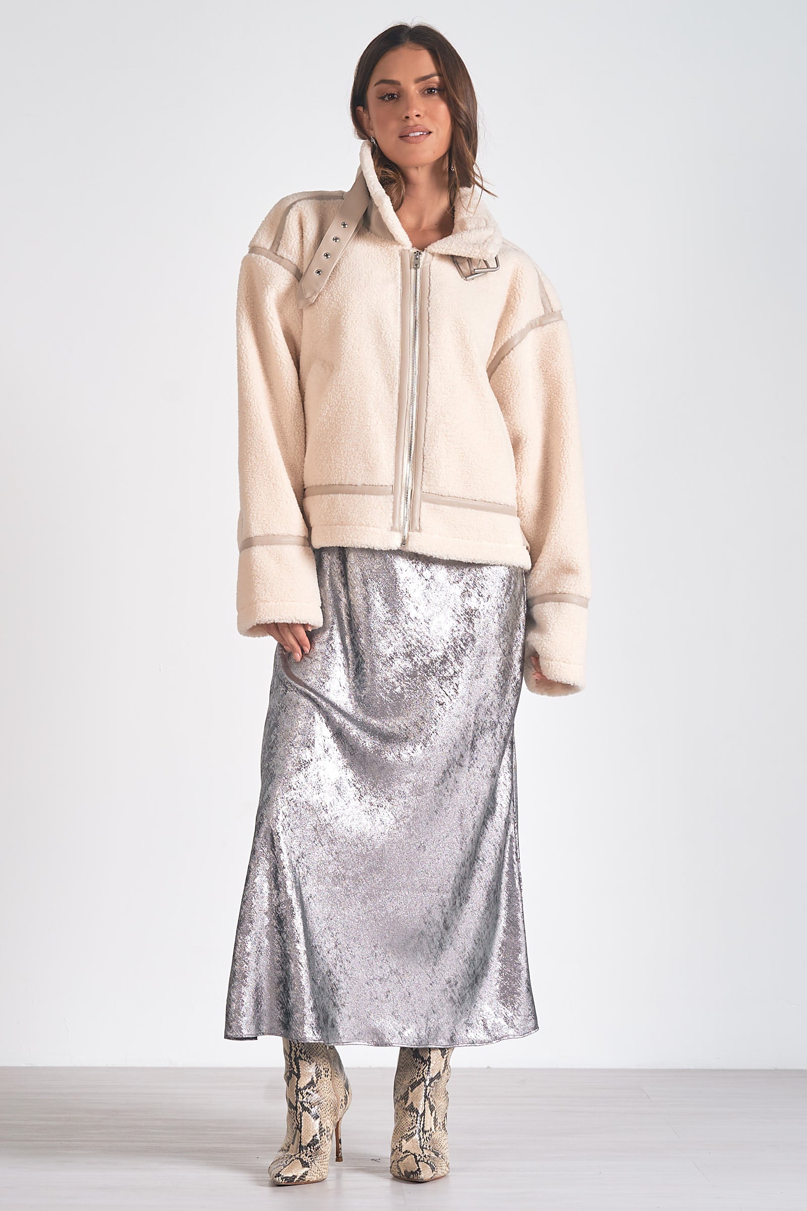 Fleece Oversized Bomber Jacket - white, womens jacket collection