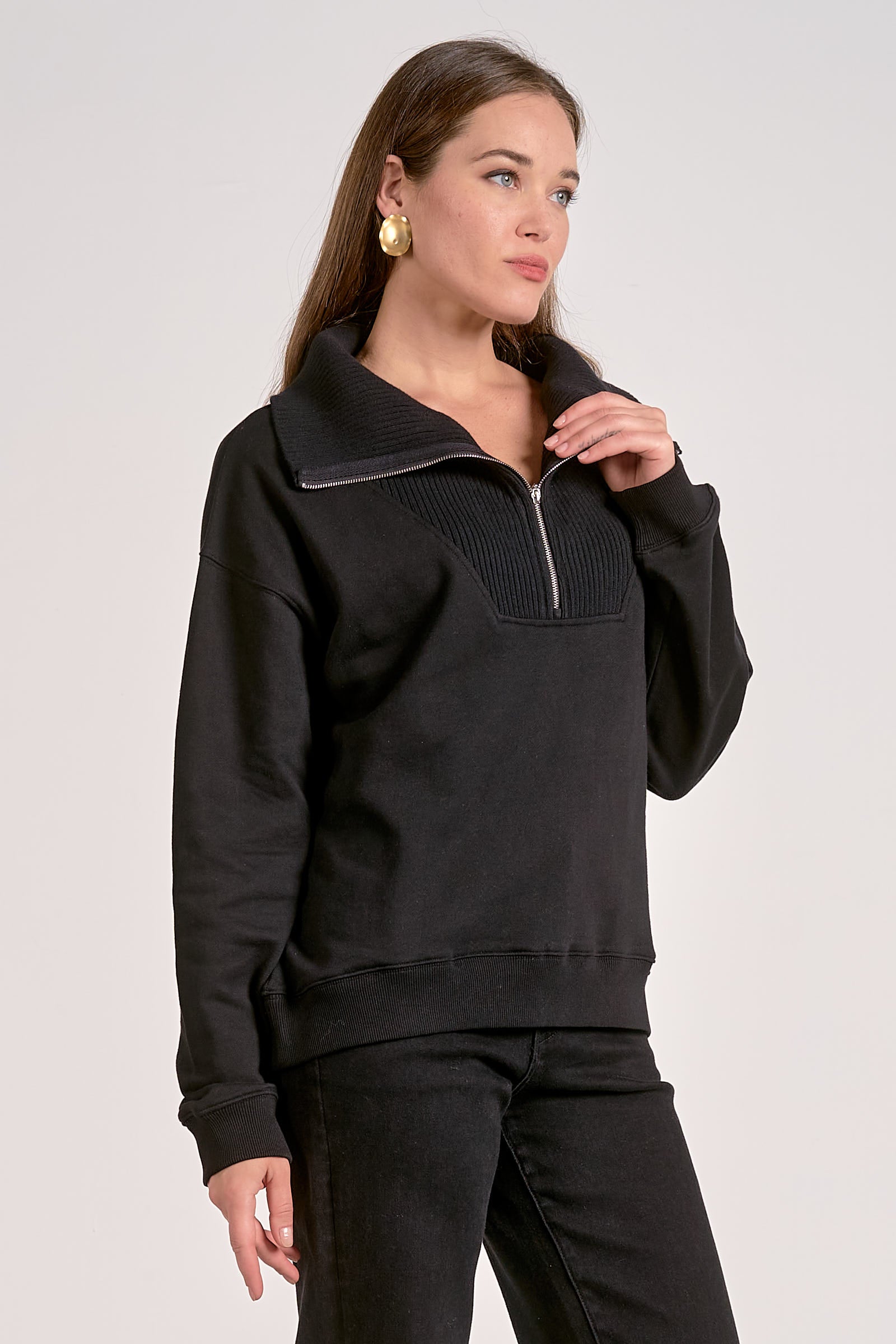 Quarter Zip Collared Sweatshirt - Black, Women's Tops Collection