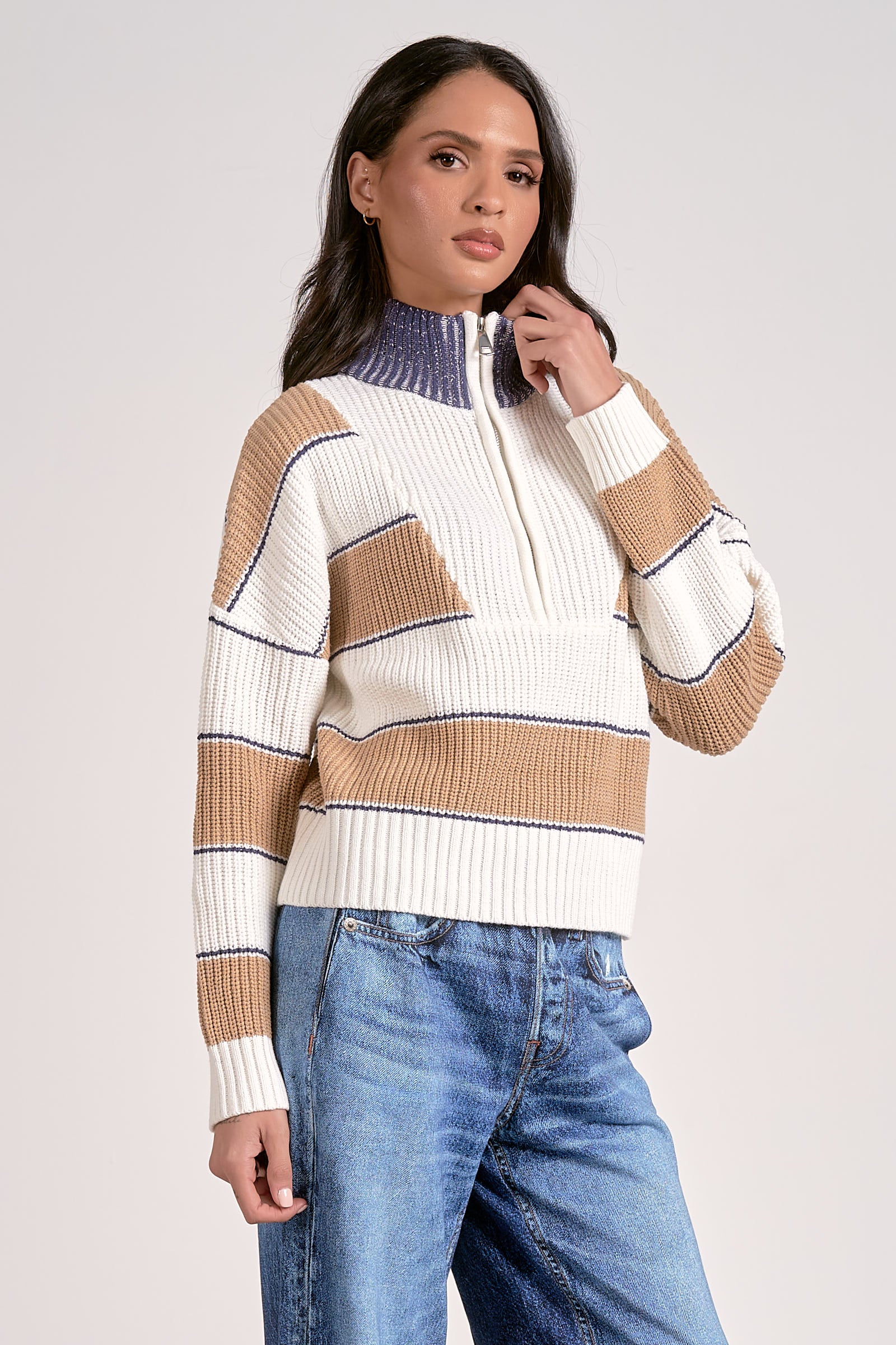 Quarter Zip Stripe Sweater - Camel, Women's Tops Collection