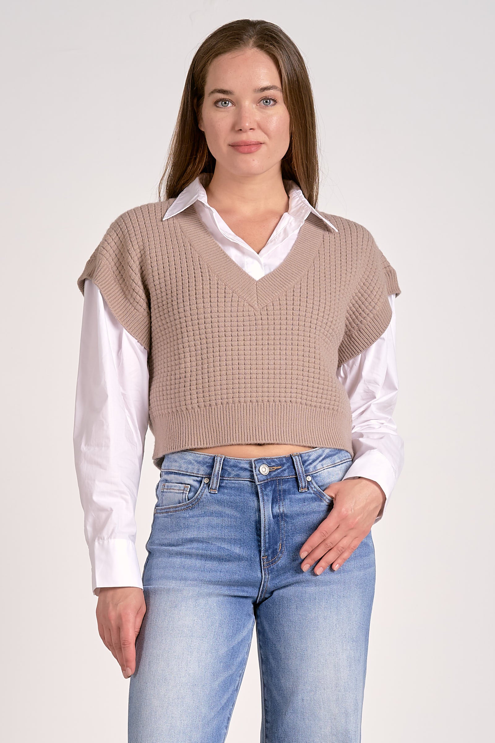 Crop Sweater Vest - Taupe, Women's Tops Collection