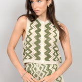 Button Down Crochet Sleeveless Cardigan - green/ivory, women's tops/matching set collection