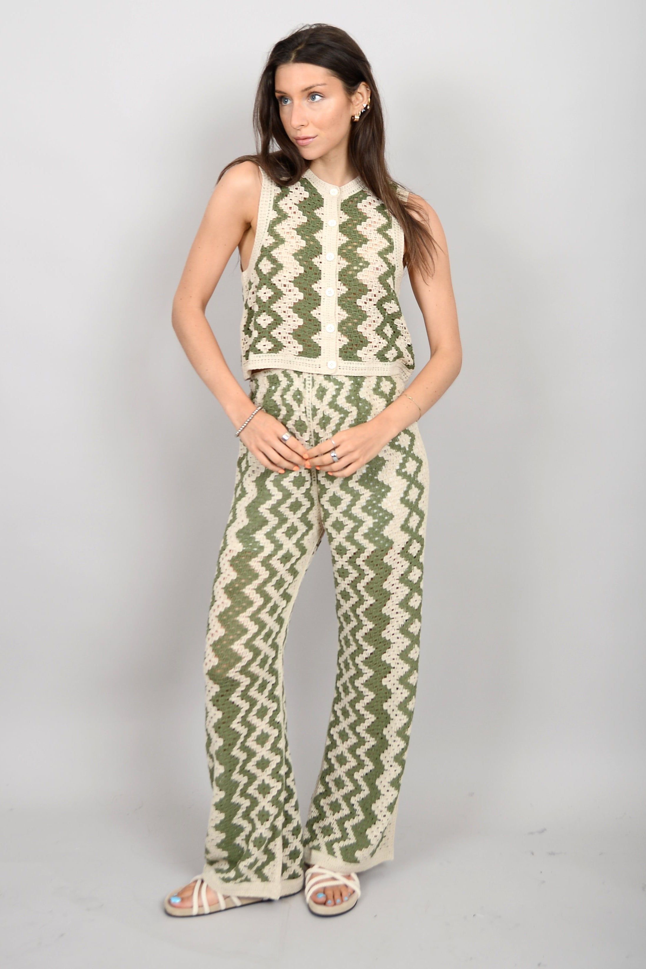 Button Down Crochet Sleeveless Cardigan - green/ivory, women's tops/matching set collection