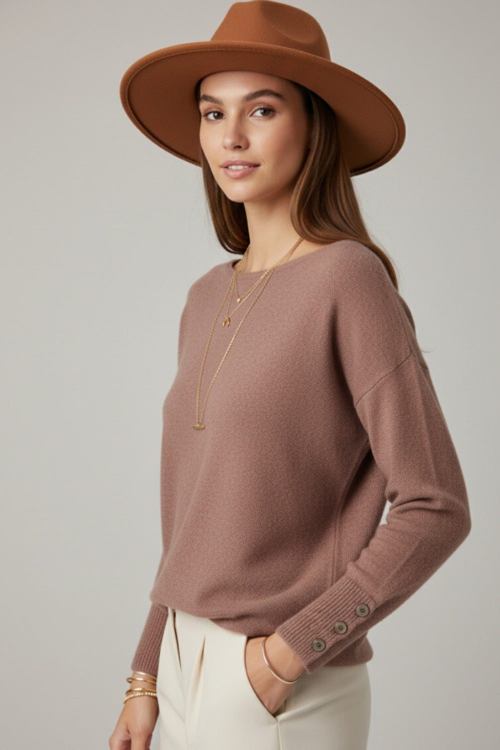 Round Neck Sweater With Sleeve Detail - brown, womens top collection