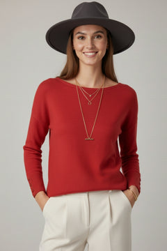 Round Neck Sweater With Button Sleeve Detail - red, womens sweater collection