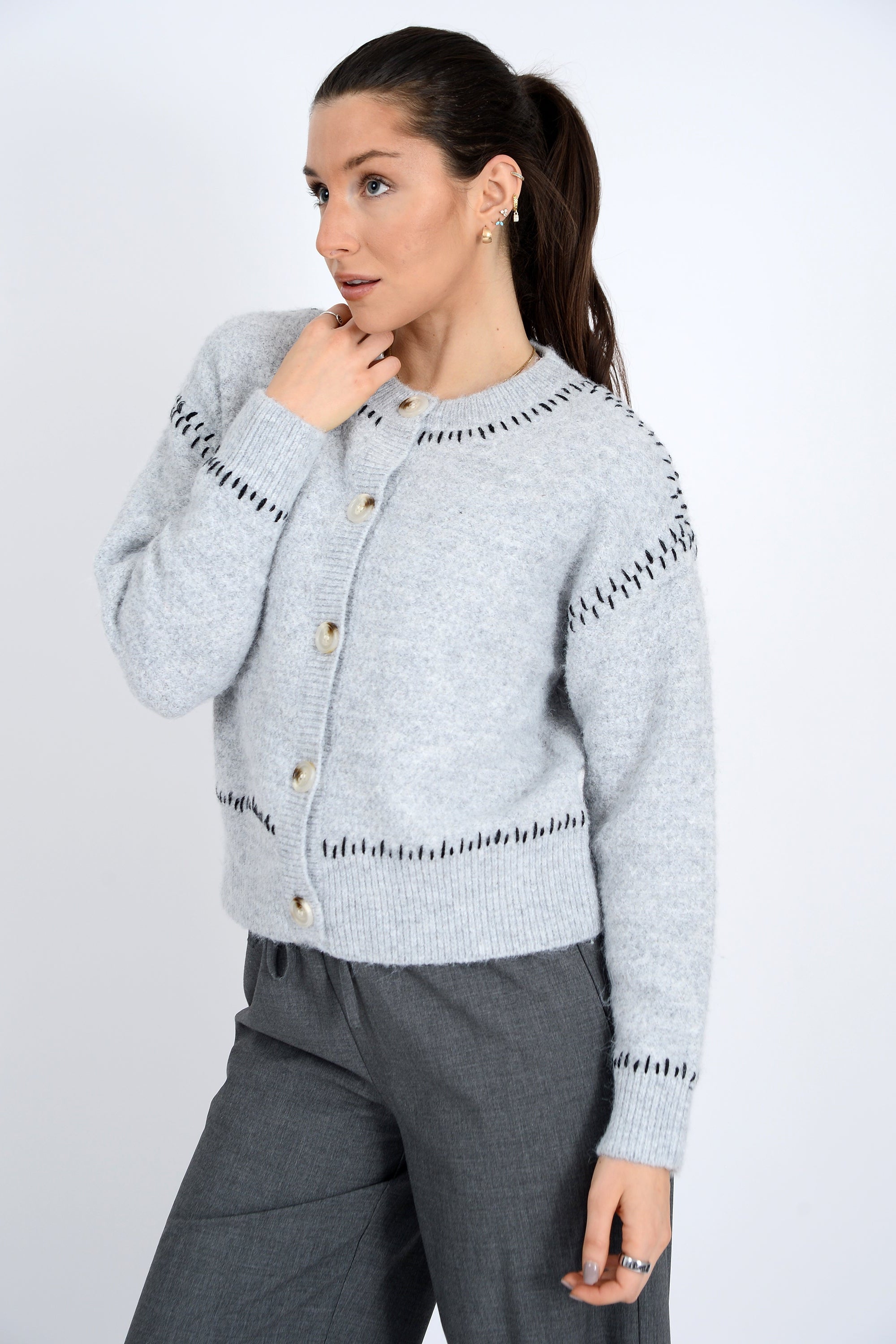 Long Sleeve Crew Neck Cardigan - grey, womens cardigan collection