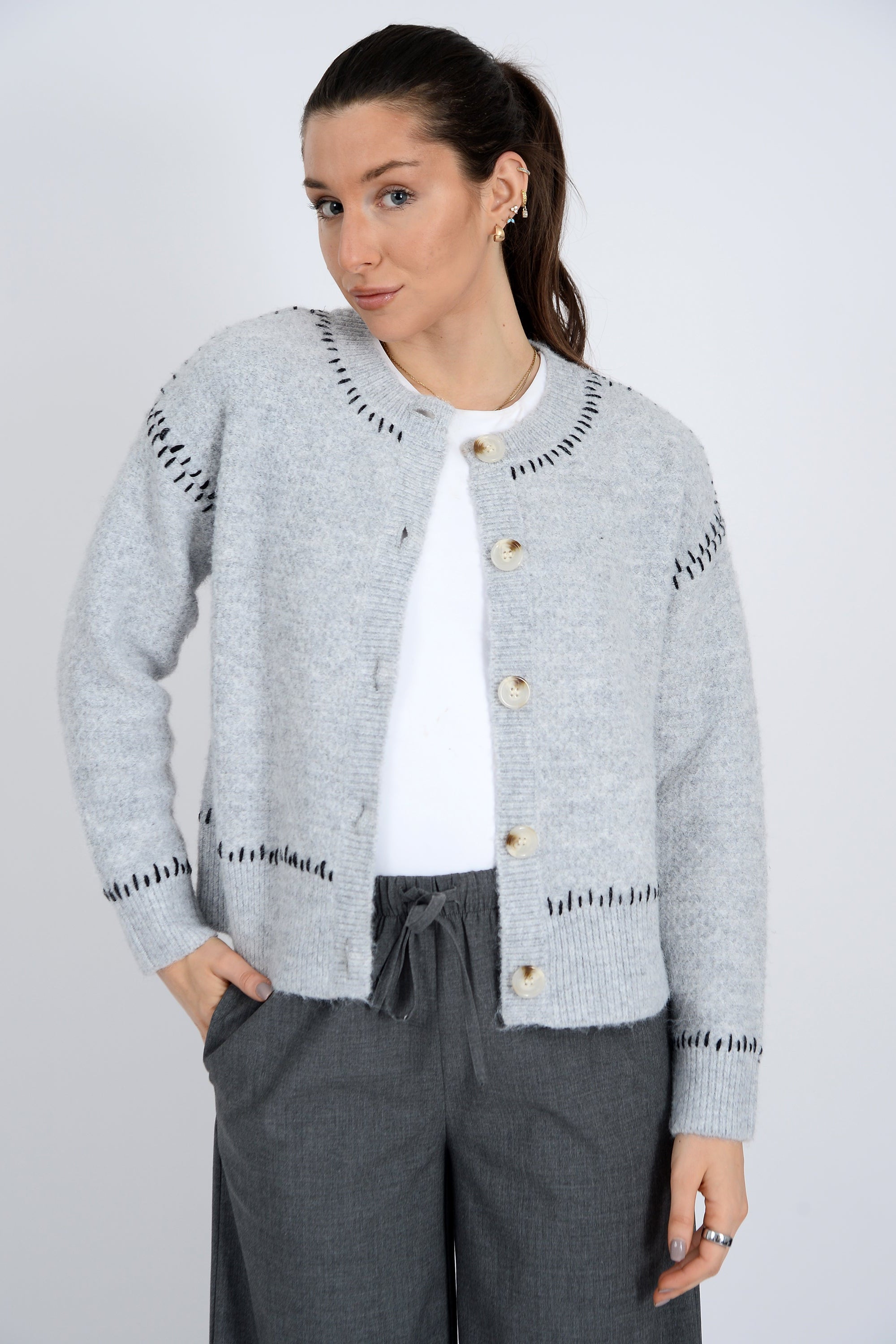 Long Sleeve Crew Neck Cardigan - grey, womens cardigan collection