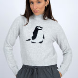 Mock Neck Pullover - grey with penguin print, womens sweater collection