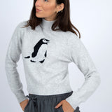 Mock Neck Pullover - grey with penguin print, womens sweater collection
