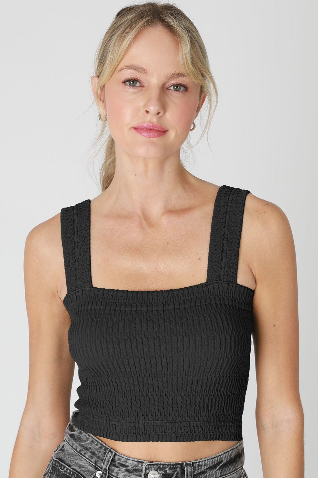 Shirred Square Neck Crop - Black, Women's Tops Collection