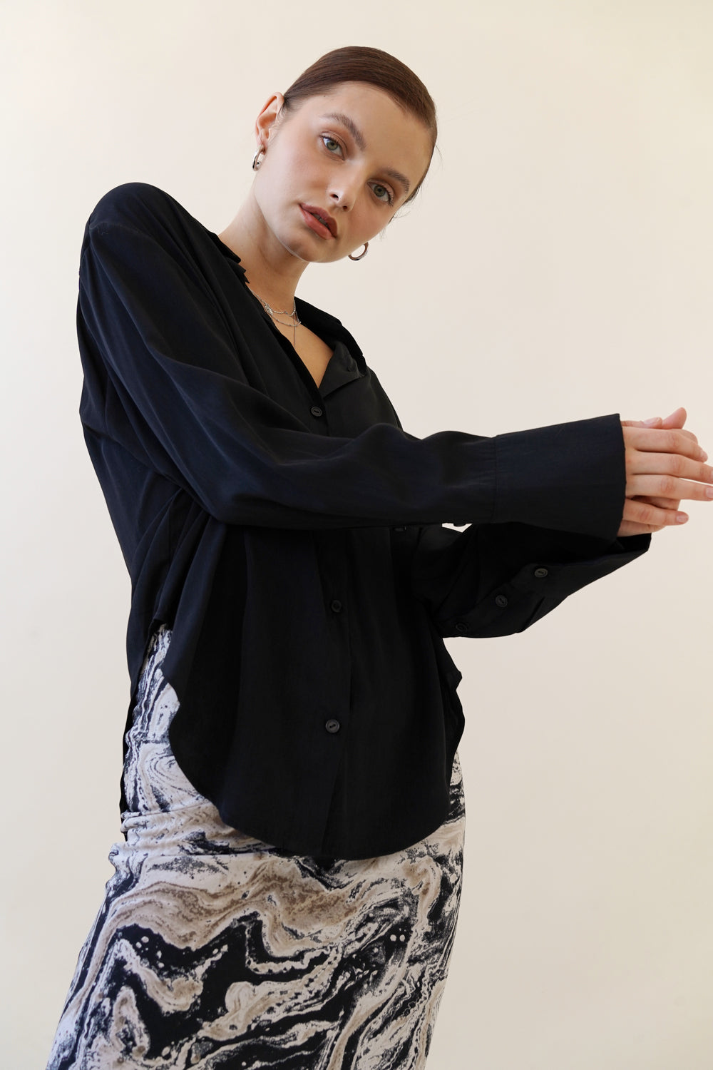 Long Sleeve Button Down Top - Black, Women's Tops Collection