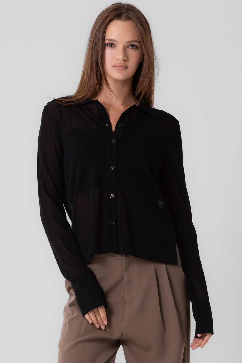 Thin Button Down Cardigan Top - Black, Women's Tops Collection