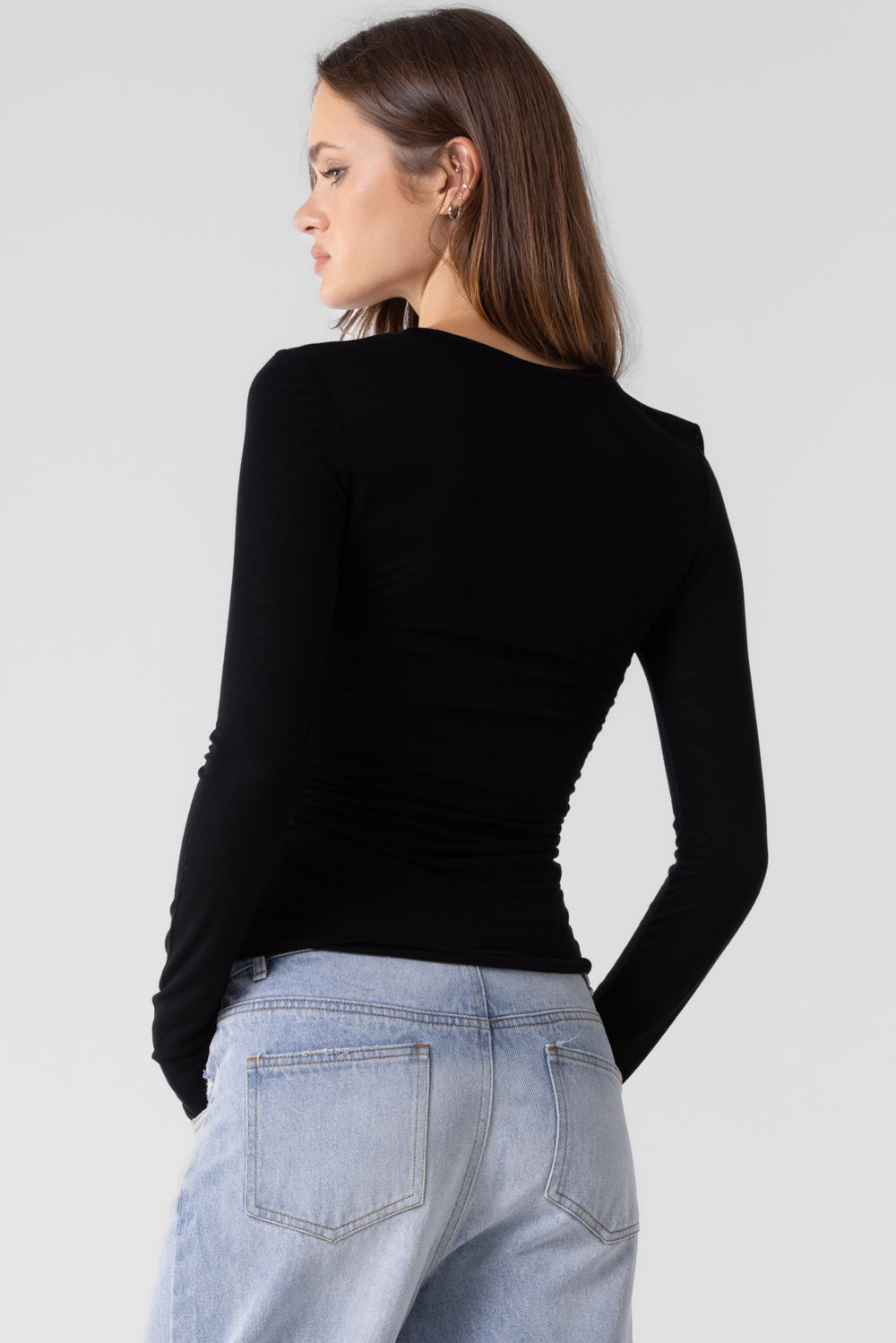 Shirred Basic Long Sleeve - Black, Women's Tops Collection