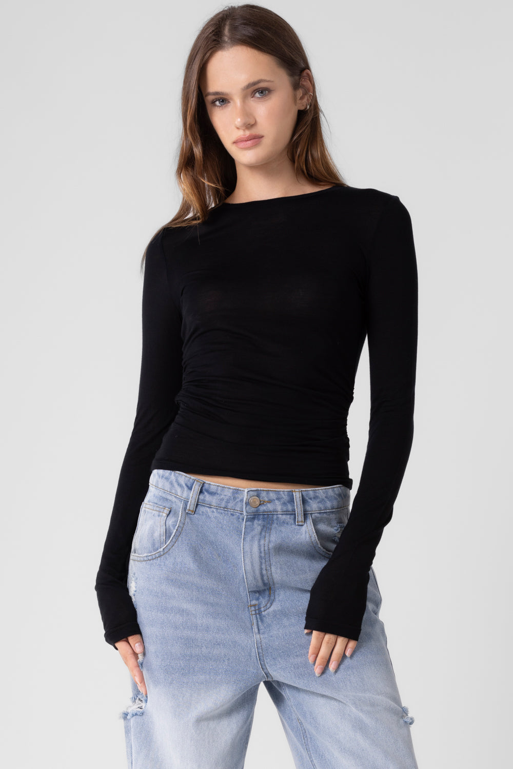 Shirred Basic Long Sleeve - Black, Women's Tops Collection
