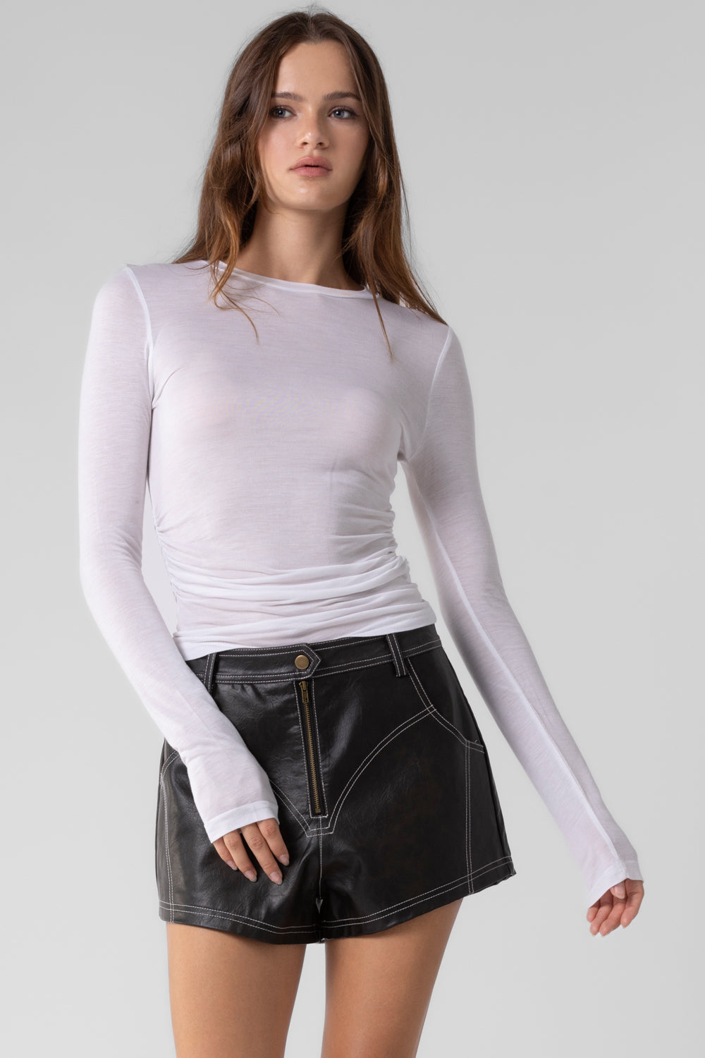 Shirred Basic Long Sleeve - Off White, Women's Tops Collection