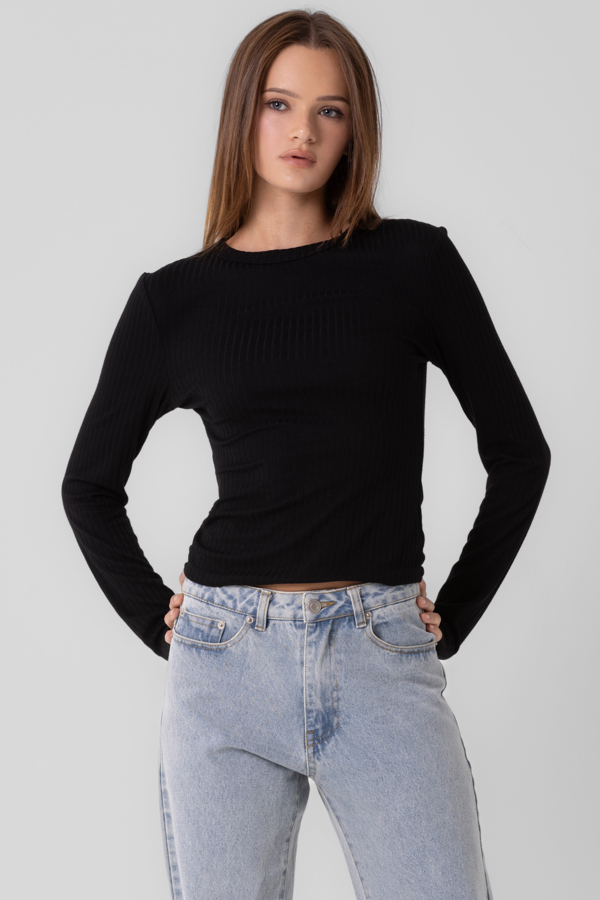 Ribbed Long Sleeve Top - Black, Women's Tops Collection