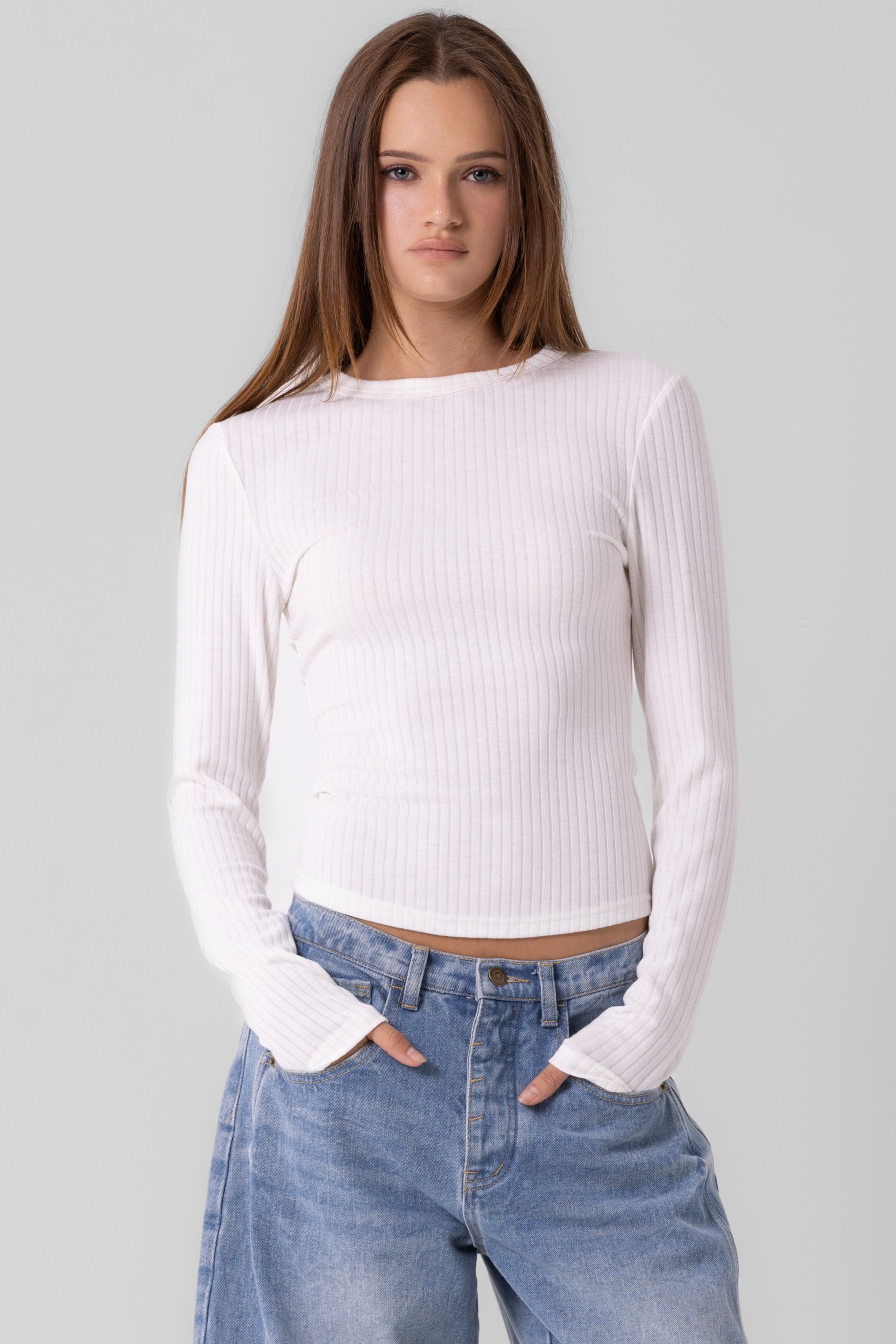 Ribbed Long Sleeve Top - Off White, Women's Tops Collection