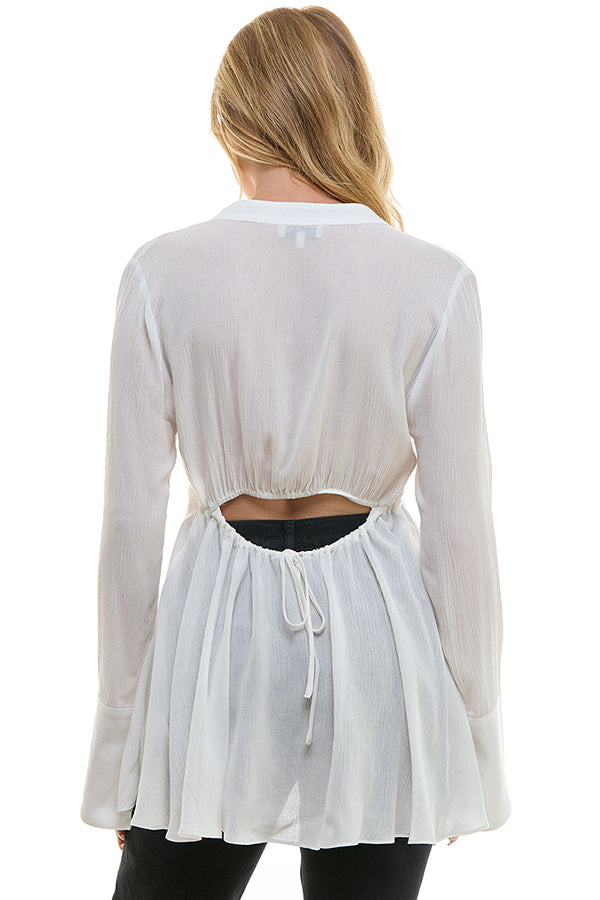 Cutout Back With Frayed Hem Blouse - White, Women's Tops Collection