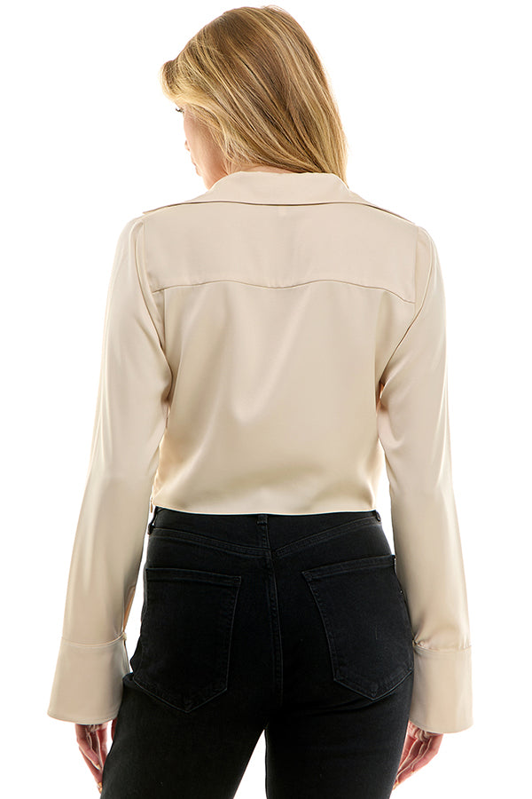 Cropped Cowl Neck Top With Collar - Cream, Women's Tops Collection