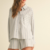 Stripe Long Sleeve Button Down With Shorts - blue and white multicolor striped, women's matching set collection