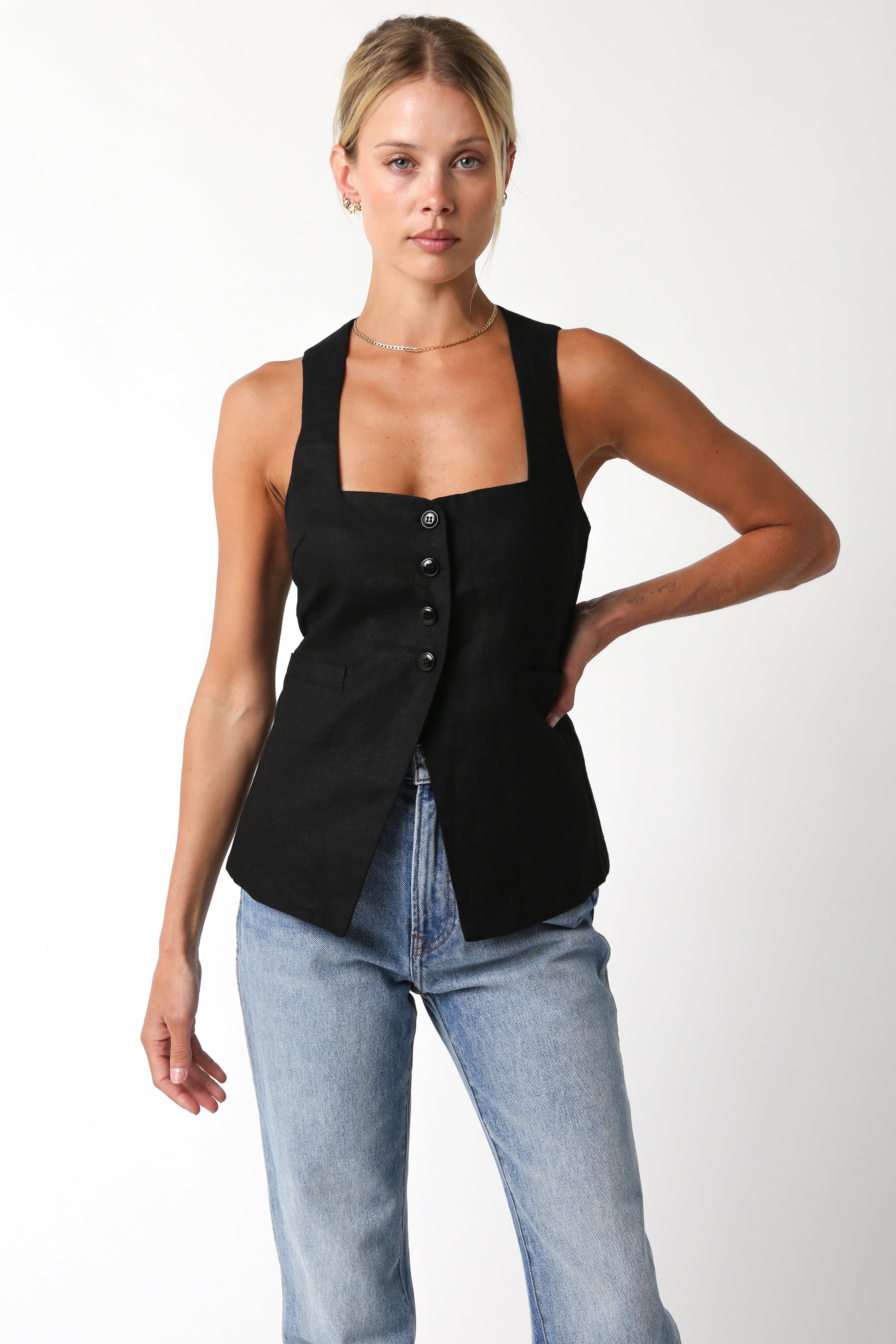 Button Down Vest Top - Black, Women's Tops Collection
