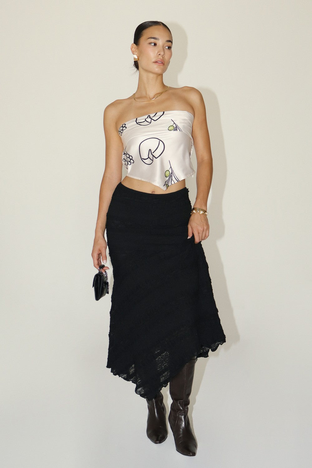 Satin Strapless Printed Top - Champagne, Women's Tops Collection