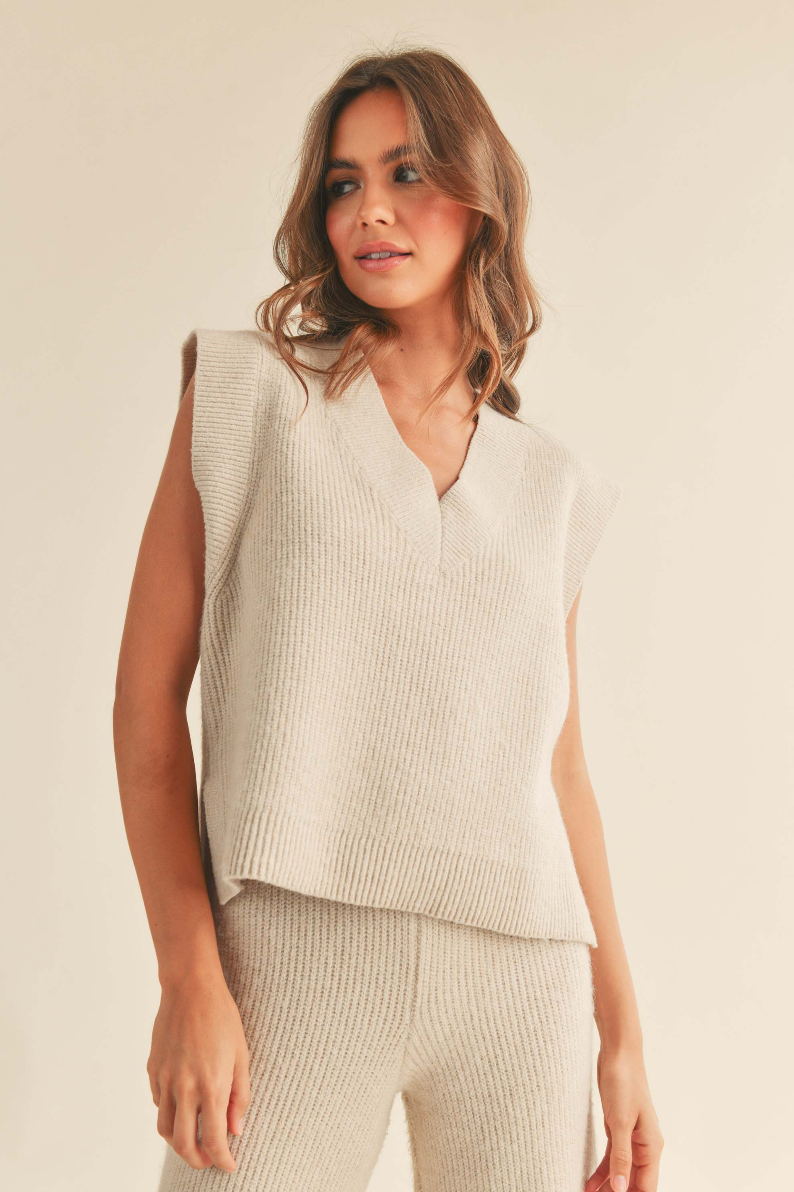 V-Neck Sweater Vest Top - beige, womens sweater / matching set collection
