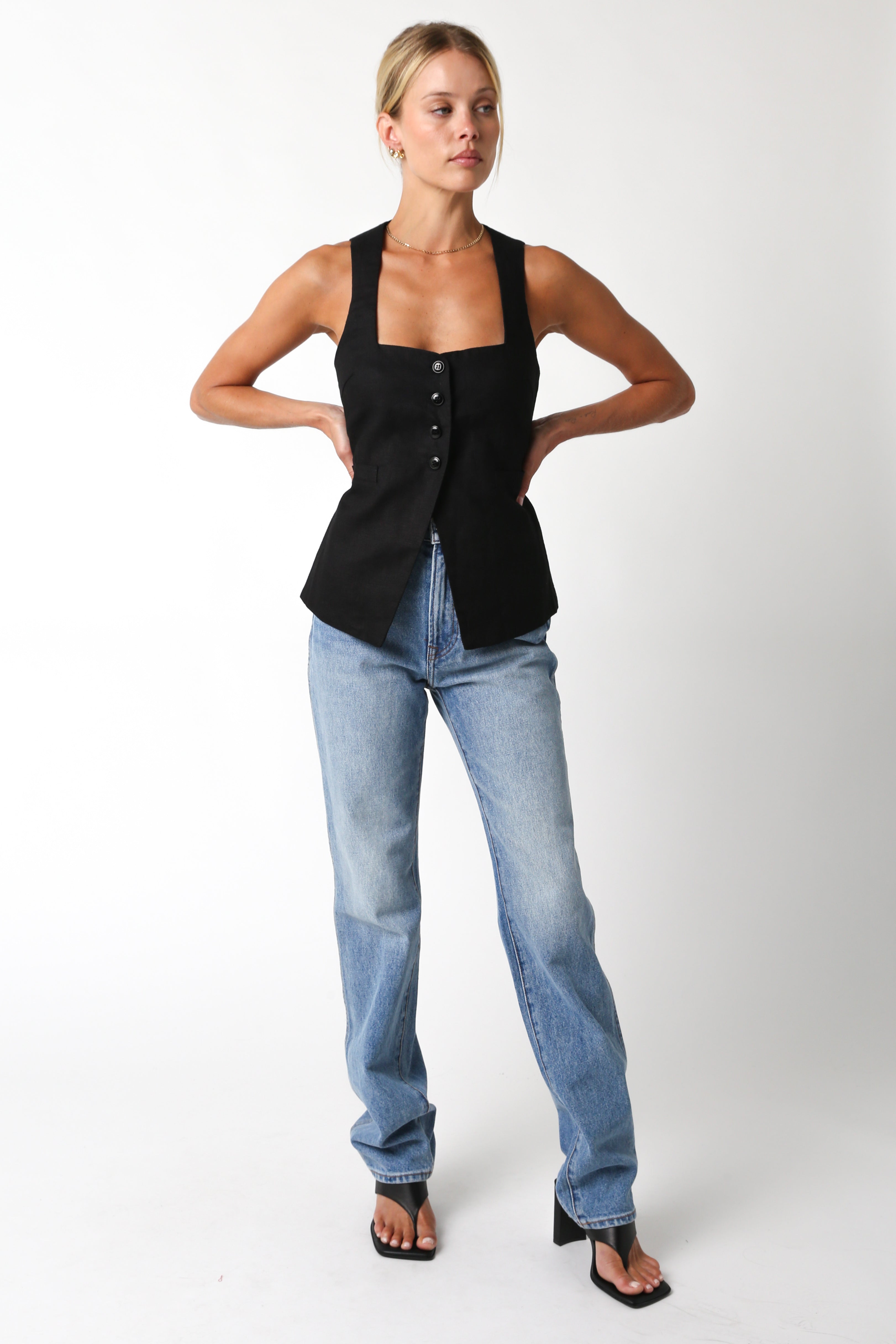 Button Down Vest Top - Black, Women's Tops Collection