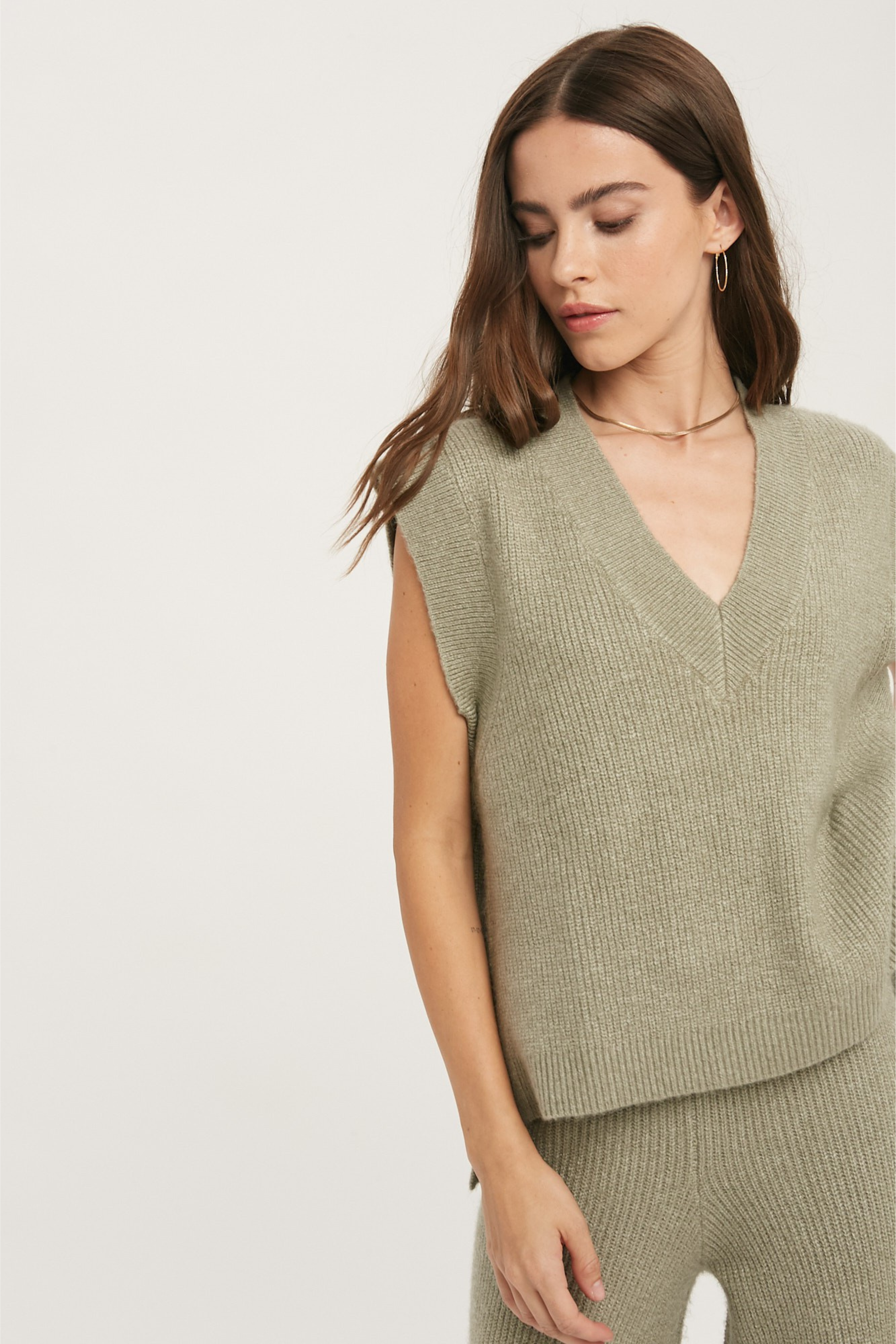 V-Neck Sweater Vest Top - olive, womens sweater / matching set collection