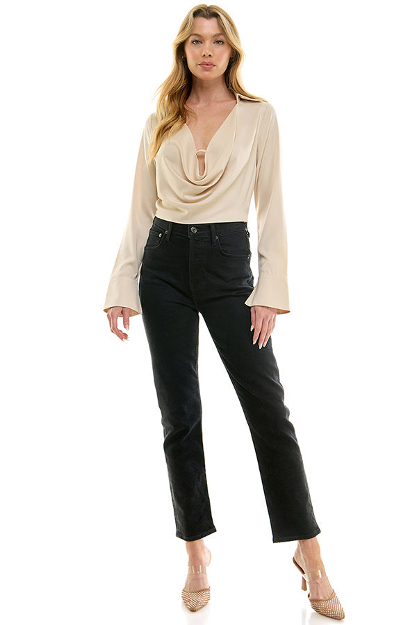 Cropped Cowl Neck Top With Collar - Cream, Women's Tops Collection