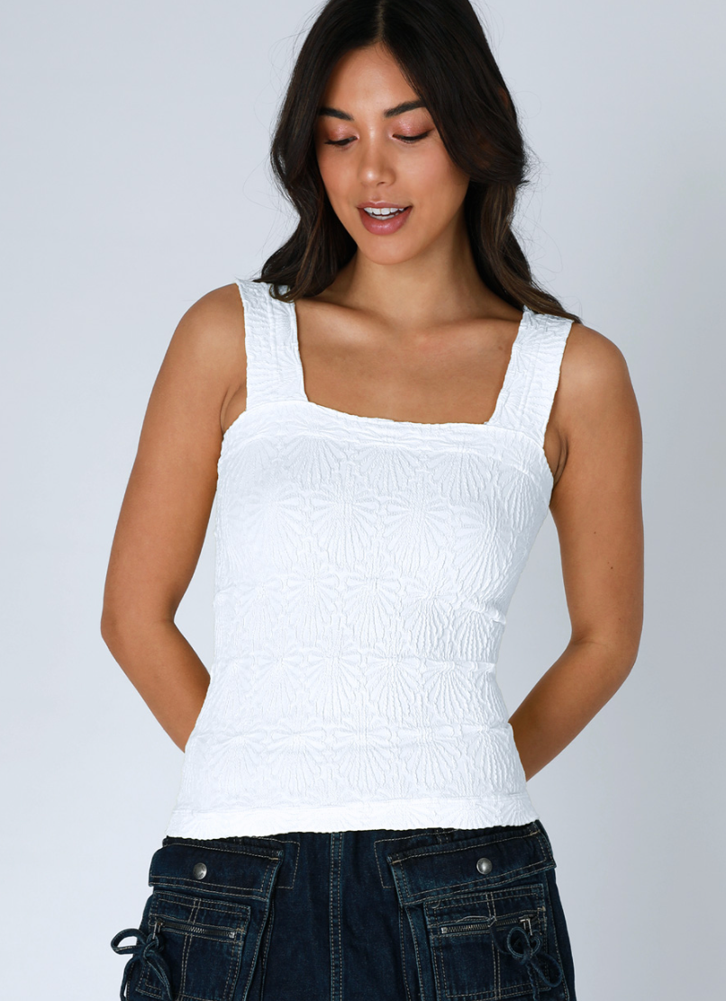 Lace Textured Square Top - White, Women's Tops Collection