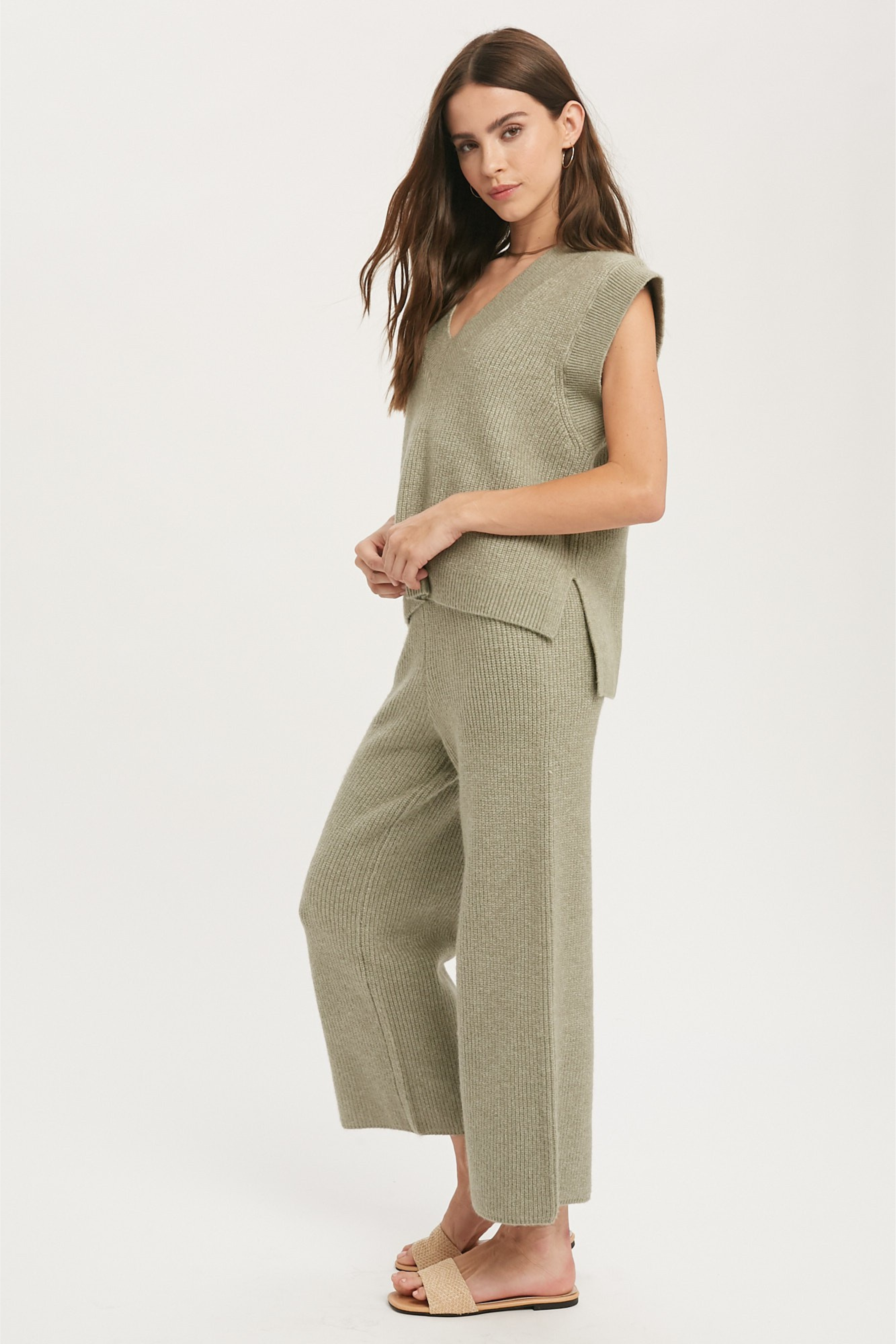 V-Neck Sweater Vest Top - olive, womens sweater / matching set collection